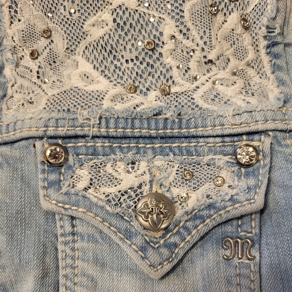 Miss Me Cropped Stone Wash Denim Med Jacket Rhinestones and Lace - Picture 8 of 15